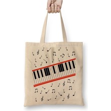 Toyaso Piano Piyano Müzik Notaları Beyaz Bez Çanta Uzun Saplı Alışveriş Çantası Plaj Çantası