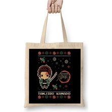Toyaso Demon Slayer Nezuko Kamado Christmas Knit Yılbaşı Beyaz Bez Çanta Uzun Saplı Alışveriş Çantası