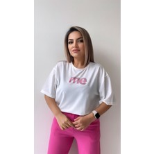 Seda Fidan Boutique Taşlı Me Yazılı Tişört Ekru Pembe