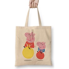 Toyaso Peppa Pig 04 Beyaz Bez Çanta Uzun Saplı Alışveriş Çantası Plaj Çantası