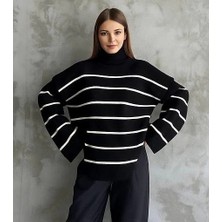 Ezel Glory Çizgili Ispanyol Kol Triko Boğazlı Kazak Siyah Elf