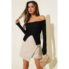 Ezel Glory Madonna Yaka Düğmeli Bluz Siyah T4329