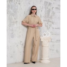 Ezel Glory Kuşaklı Gömlek Yaka Salaş Tulum Bej S255822