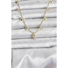 Butik Zirkon Taşlı Kutup Yıldızı Model Pirinç Gold Renk Kadın Kolye