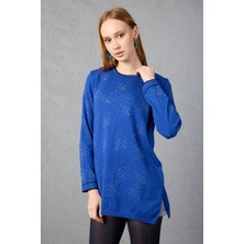 Moda Days Taş Detaylı Bisiklet Yaka Triko Bluz - Kontrast Biyeli ve Yan Yırtmaçlı