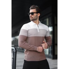 Madmext Kahverengi Fermuar Yaka Renk Bloklu Uzun Kollu Kazak 7262