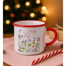 Bk Gift Kişiye Özel Çiçek Tasarımlı Kırmızı Emaye Kupa Bardak -12, Arkadaşa Hediye, Sevgiliye Hediye