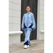 Ezel Glory Çizgili Bisiklet Yaka Triko Takım Mavi