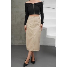 Ezel Glory Yırtmaçlı Uzun Deri Etek Bej