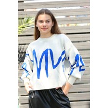 Ezel Glory Mavi Çizgili Bisiklet Yaka Kazak Beyaz