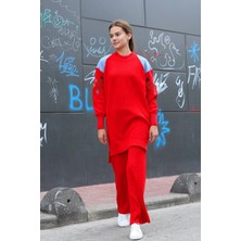 Ezel Glory Omuz Detaylı Kol Nakışlı Ikili Alt Üst Triko Takım Kırmızı