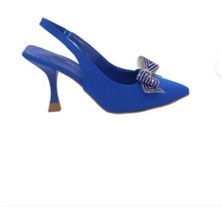 Mergenshoes K041 Mavi Fiyonklu 7 cm Klasik Topuk Kadın Ayakkabı