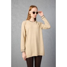 Moda Days Taş Detaylı Bisiklet Yaka Triko Bluz - Kontrast Biyeli ve Yan Yırtmaçlı