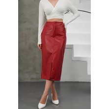 Ezel Glory Yırtmaçlı Uzun Deri Etek Bordo