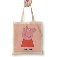 Toyaso Peppa Pig 05 Beyaz Bez Çanta Uzun Saplı Alışveriş Çantası Plaj Çantası
