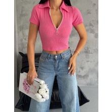 Ezel Glory Kaşkorse Yaka Fermuarlı Bluz Fuşya