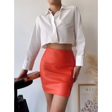 Ezel Glory Tek Yırtmaçlı Arkadan Fermuarlı Deri Etek Turuncu S24475