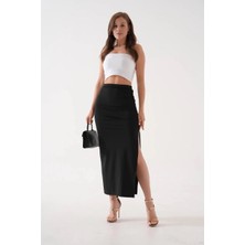 Ezel Glory Uzun Yırtmaçlı Ince Kumaş Etek Siyah