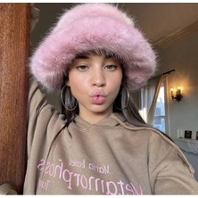 Kapin Pembe Yuvarlak Şapka Peluş Bucket Ekstra Kabarık Şapka