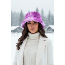 Kapin Mor Fitilli Desen Peluş Kürk Bucket Şapka