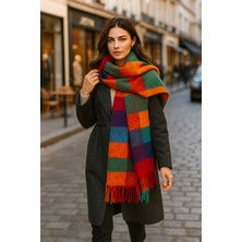 Kapin Turuncu Kare Desenli Püsküllü Kalın Sıcak Tutan Şık Kışlık Atkı SAL1292