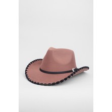 Kapin Kovboy Deri Detaylı Boğa Figürlü Fötr Şapka - Camel