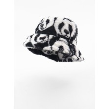 Kapin Panda Desenli Peluş Bucket Şapka Çift Taraflı