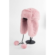 Kapin Suni Kürk Pembe Peluş Şapka - Kulaklı Pliot Şapka