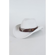Kapin Kovboy Deri Detaylı Fötr Şapka - Beyaz