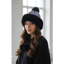 Kapin Gökkuşağı Parlak Renkli Kürklü Ponponlu Şapka