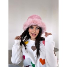 Kapin Kürk Yuvarlak Kalpak Şapka Peluş Bucket Şapka - Pembe