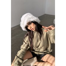 Kapin Beyaz Kürk Yuvarlak Kalpak Şapka Peluş Bucket Şapka - Beyaz