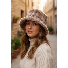 Kapin Kahve Fitilli Desen Peluş Kürk Bucket Şapka