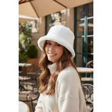 Kapin Beyaz Peluş Kürk Bucket Yuvarlak Balıkçı Şapka