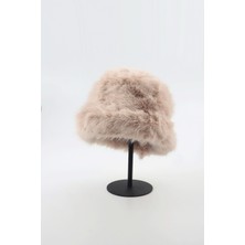 Kapin Bej Kürk Yuvarlak Şapka Peluş Bucket Şapka