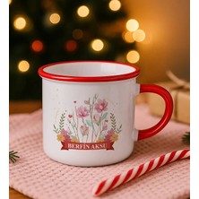 Bk Gift Kişiye Özel Çiçek Tasarımlı Kırmızı Emaye Kupa Bardak -16, Arkadaşa Hediye, Sevgiliye Hediye