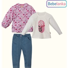 Necix's Kız Çocuk Çiçek Desenli Kapüşonlu Yağmurluk Bluz Jean Pantolon 3'lü Takım