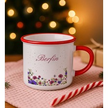 Bk Gift Kişiye Özel Çiçek Tasarımlı Kırmızı Emaye Kupa Bardak -10, Arkadaşa Hediye, Sevgiliye Hediye