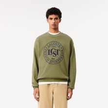 Erkek Loose Fit Bisiket Yaka Baskılı Haki Sweatshirt