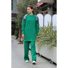 Ezel Glory Omuz Detaylı Kol Nakışlı Ikili Alt Üst Triko Takım Yeşil