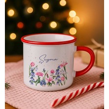 Bk Gift Kişiye Özel Çiçek Tasarımlı Kırmızı Emaye Kupa Bardak -2, Arkadaşa Hediye, Sevgiliye Hediye