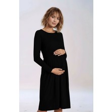 Mamayaga Kadın Bisiklet Yaka Tesettüre Uygun Uzun Kol Viskon Gizli Emzirme Bölümlü Şık Hamile Elbisesi