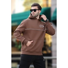 Madmext Kahverengi Kapüşonlu Şerit Detaylı Baskılı Erkek Sweatshirt 7091