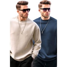Madmext Bej/lacivert Bisiklet Yaka Oversize Şardonlu Basic Erkek 2'li Paket Sweatshirt E7447
