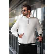 Madmext Ekru Fermuarlı Dik Yaka Kanguru Cep Erkek Sweatshirt E7159