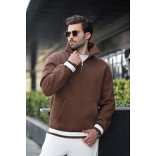 Madmext Kahverengi Fermuarlı Dik Yaka Kanguru Cep Erkek Sweatshirt E7159