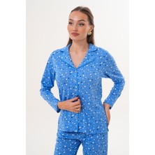 Çift Kaplan Kadın Pamuk Puantiyeli Önden Düğmeli Mavi Pijama Takımı 7038