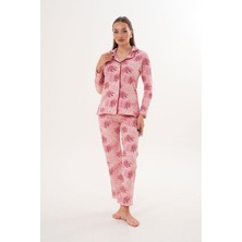 Çift Kaplan Kadın Pamuk Palmiye Desenli Gömlek Yaka Önden Düğmeli Bordo Pijama Takımı 7028