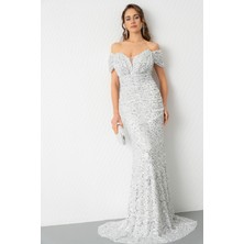 Lafaba Kadın Gümüş Kayık Yaka Kısa Kol Payetli Uzun Abiye Elbise