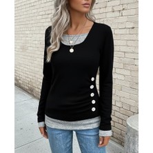 Ezel Glory Kadın Uzun Kollu Yuvarlak Yaka Blok Renkli Yandan Düğmeli Viskon Bluz